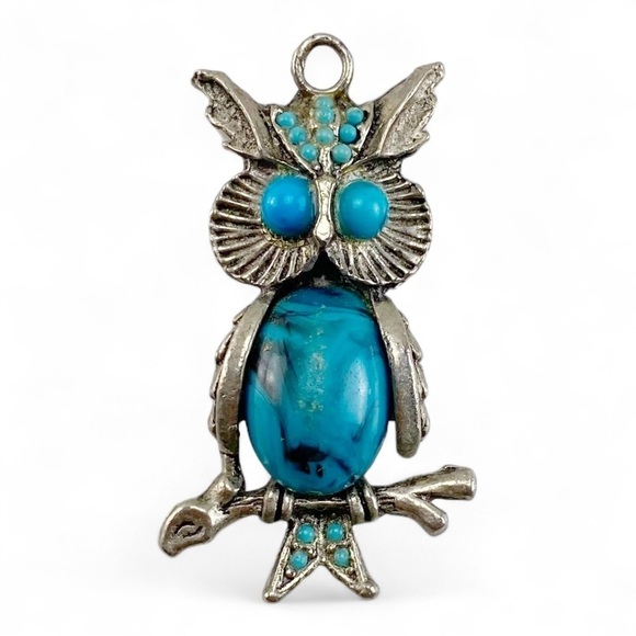 Jewelry - Vintage Figural Owl Pendant MCM Turquoise Colored Jelly Belly Silver Tone​